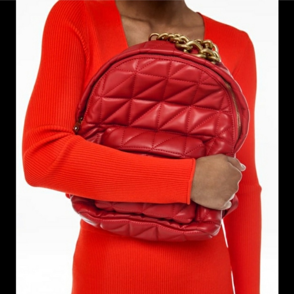 Zara quilted puffy gold chain backpack red new without tags